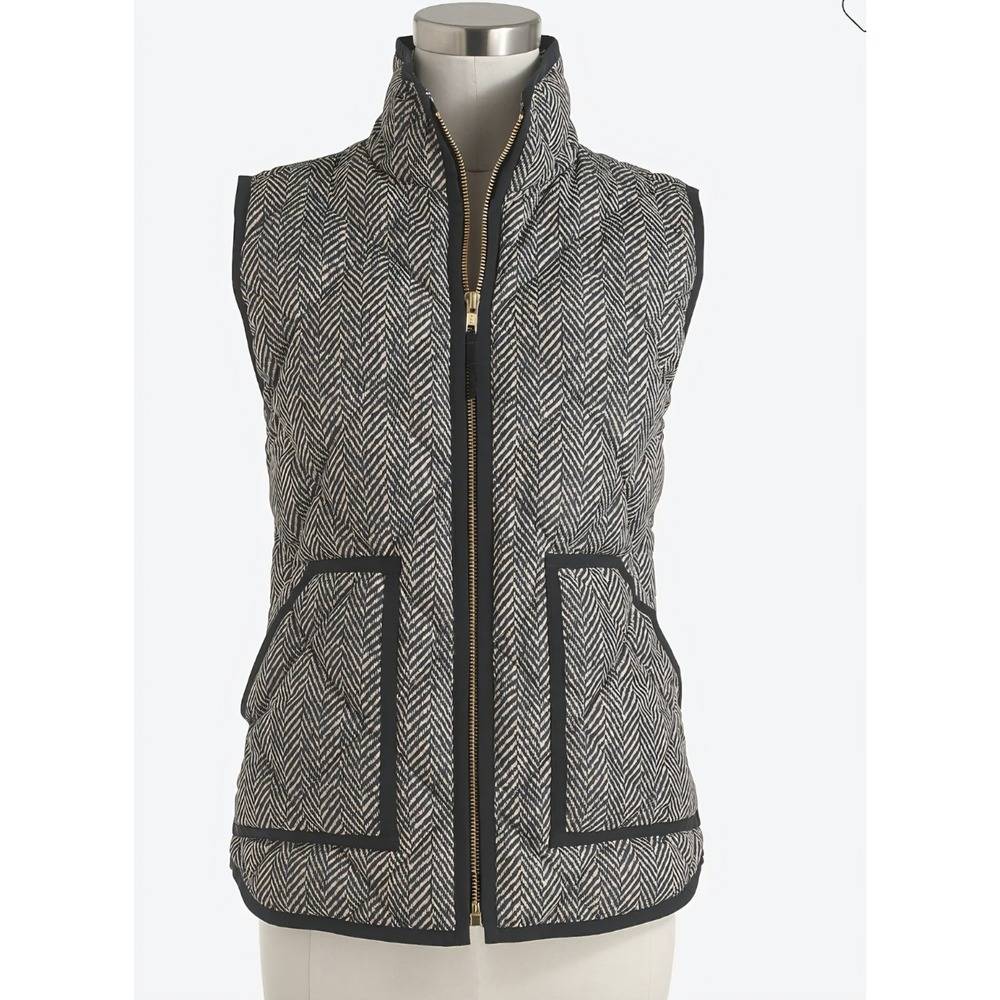 J.Crew Herringbone Puffer Vest Womens Medium Beige Black Excursion G7626